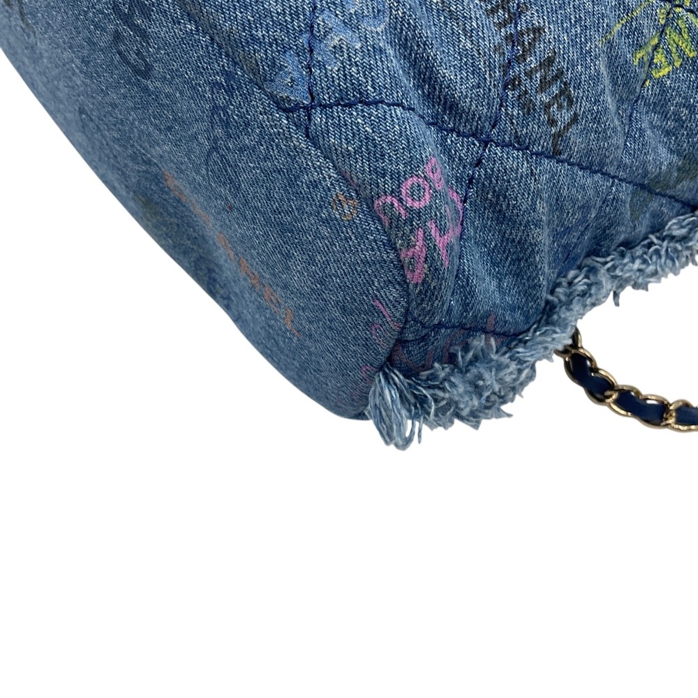 CHANEL 2022 BLUE MULTI QUILTED FRINGED LOGO PRINTED DENIM MOOD CHAIN MINI SHOULD - Picture 6 of 13